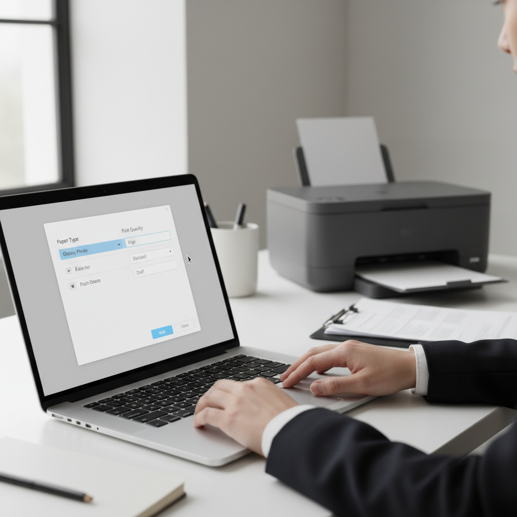 Hands adjusting printer settings for paper type and print quality on a laptop