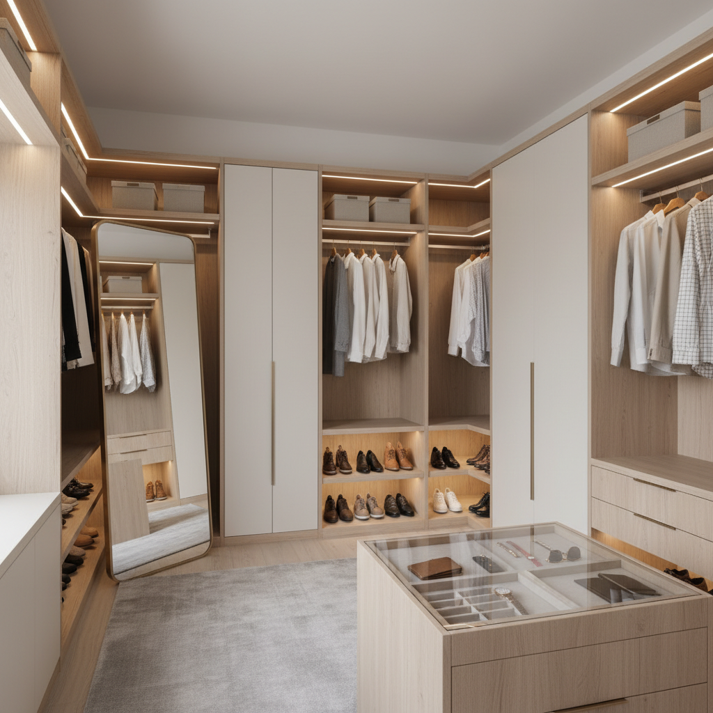 Modern walk-in closet with LED lighting under shelves and a full-length mirror