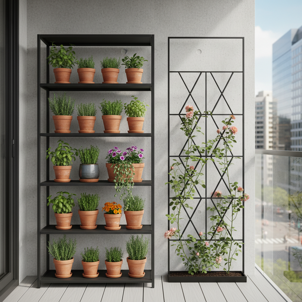 Vertical garden setup on an apartment balcony using shelves and wall trellis