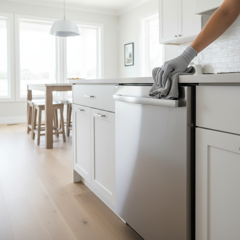 Stainless steel dishwasher being buffed dry with microfiber cloth for streak-free shine