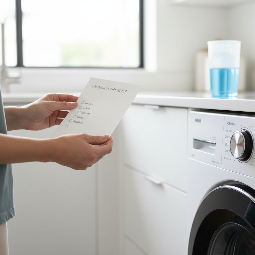 Laundry decision checklist with cycle settings and detergent dosing