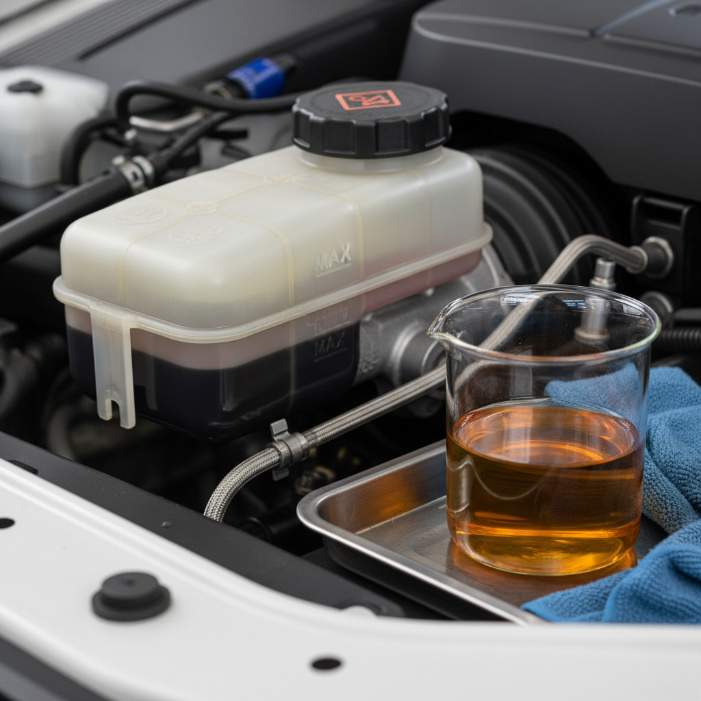 Close-up of brake master cylinder reservoir with dark fluid vs fresh amber fluid