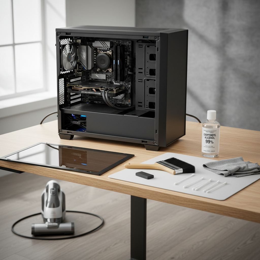 Open PC case on a desk with safe cleaning tools laid out