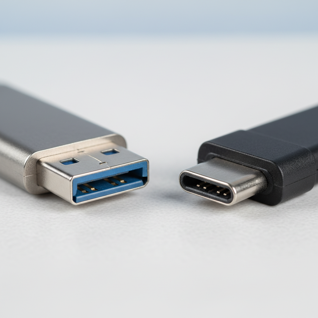 Close-up of USB-C and USB-A flash drive connectors highlighting build quality