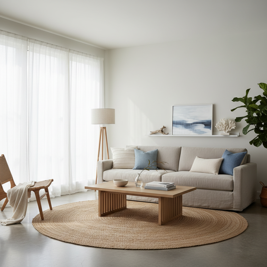 Modern coastal living room with neutral sofa, light wood, and airy textures