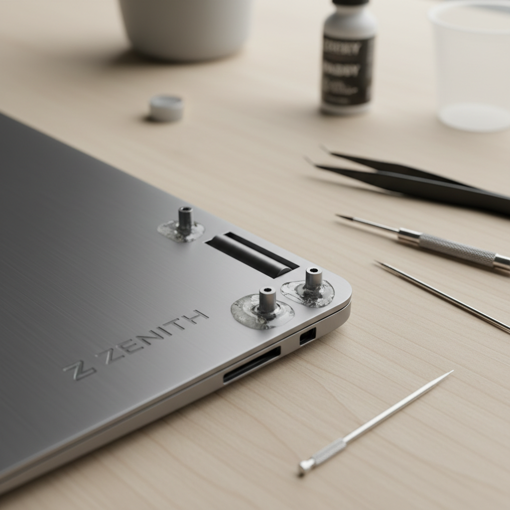 Laptop hinge mount repair with epoxy near screw posts