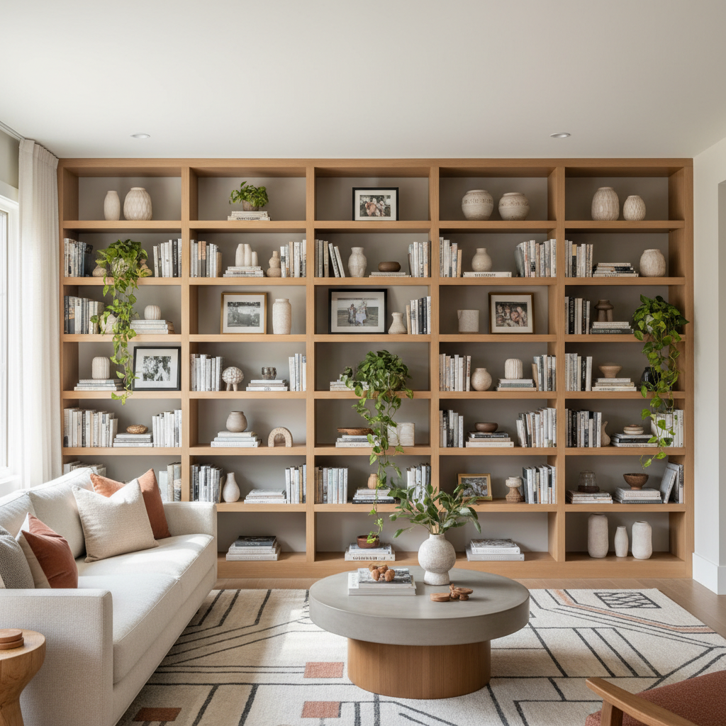 Decoratively arranged bookshelf with balanced books and decor in a modern living room