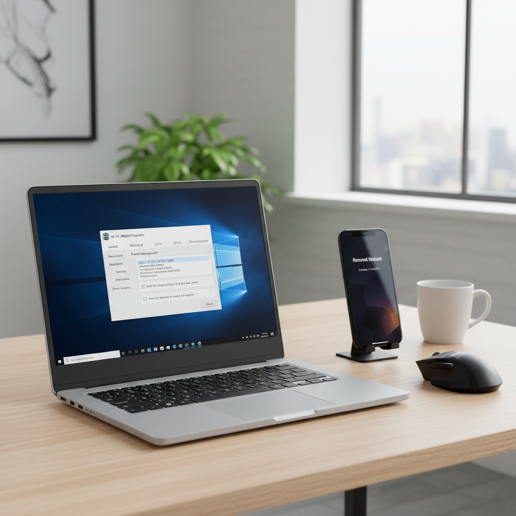 Windows laptop Wi-Fi adapter properties and power management settings
