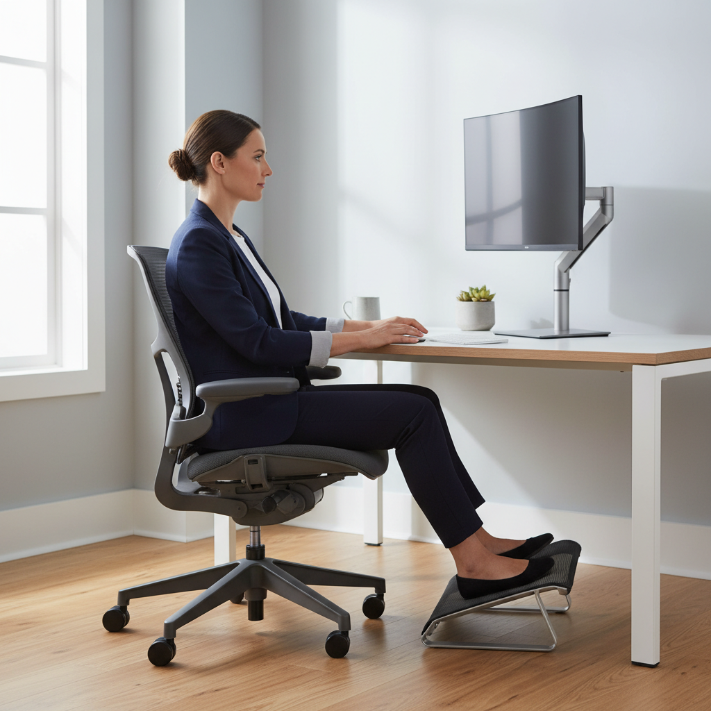 Desk ergonomics with seat cushion and footrest for better sitting posture
