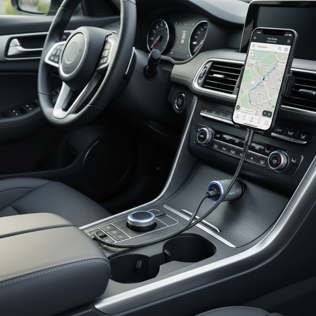 Car phone charging setup with USB-C PD charger and smartphone using navigation