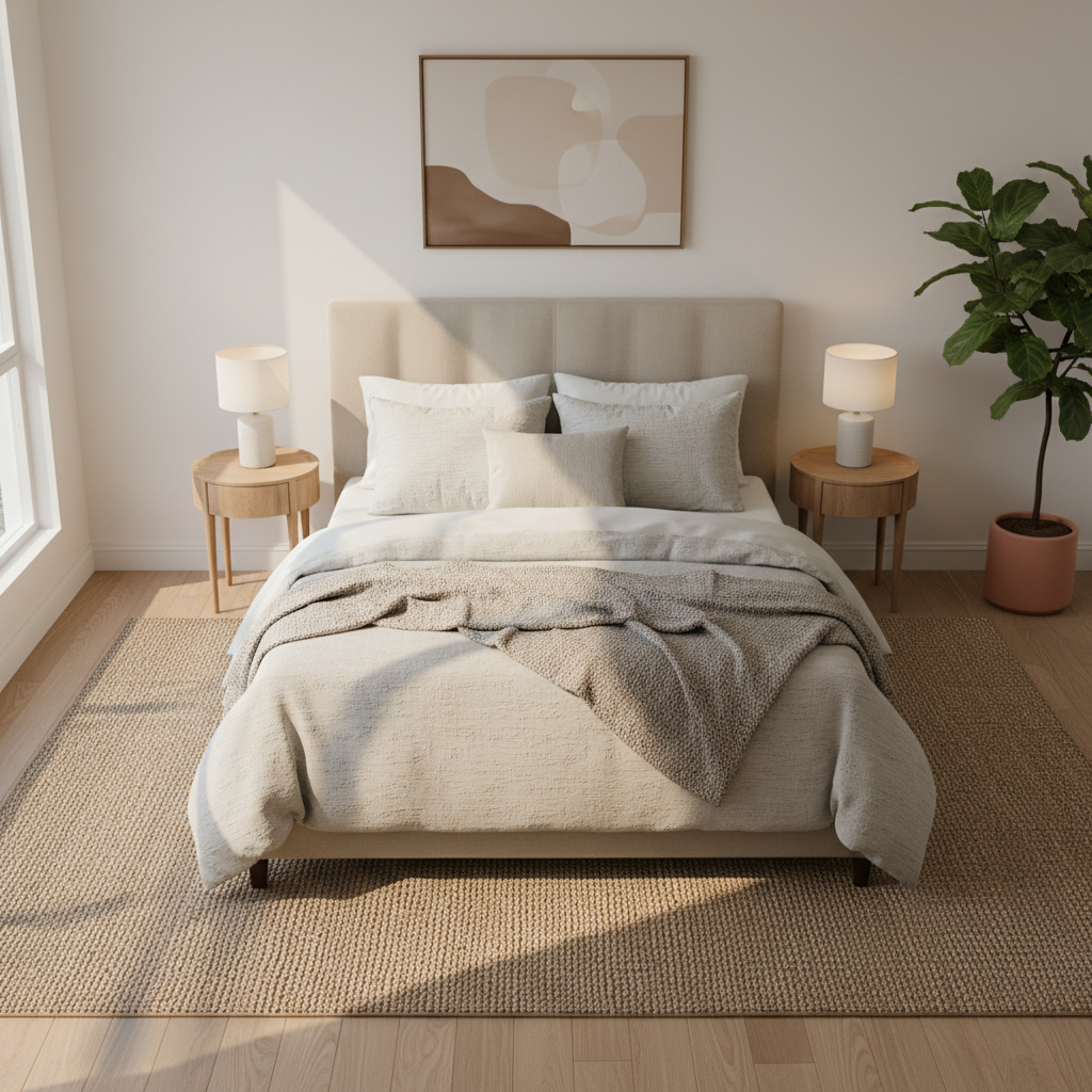 Bedroom rug placement under a queen bed with balanced floor border