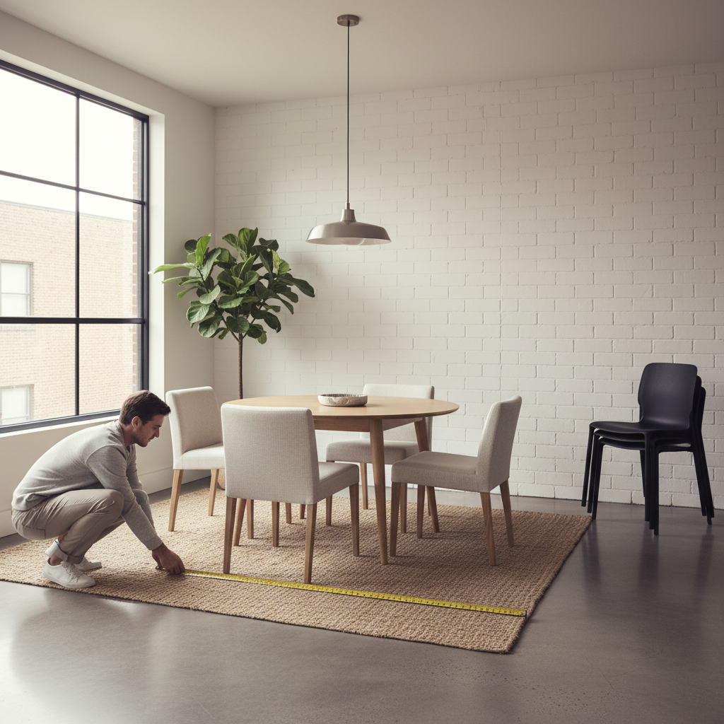 Measuring a small dining area for stackable chairs: clearance behind table and storage corner