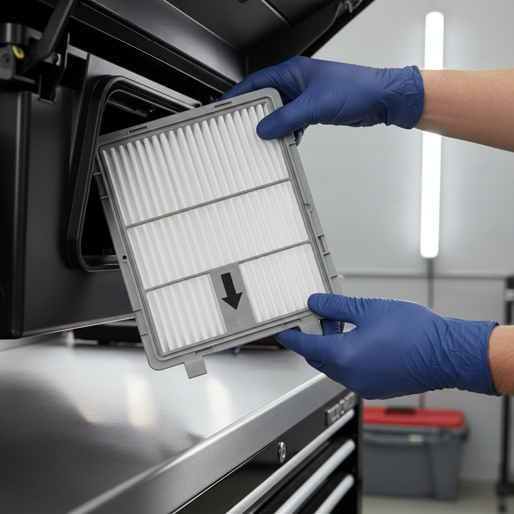 Installing a new cabin air filter with correct airflow arrow direction