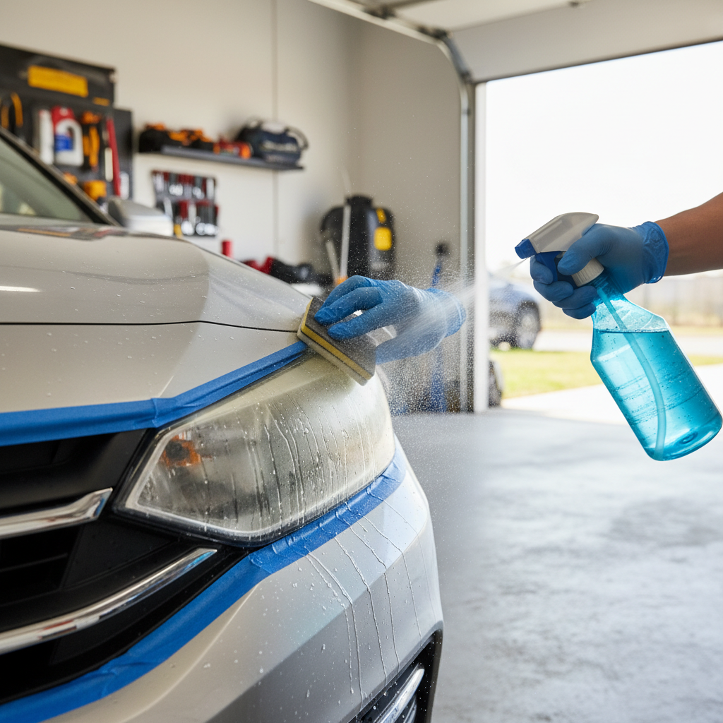 Wet sanding a headlight lens with a restoration kit and spray bottle