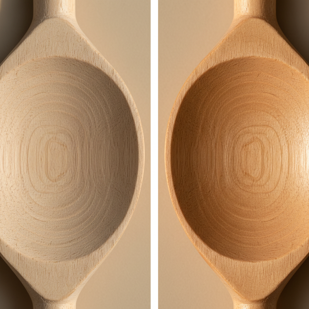 Close-up of wooden utensil grain showing oiled vs unfinished surface