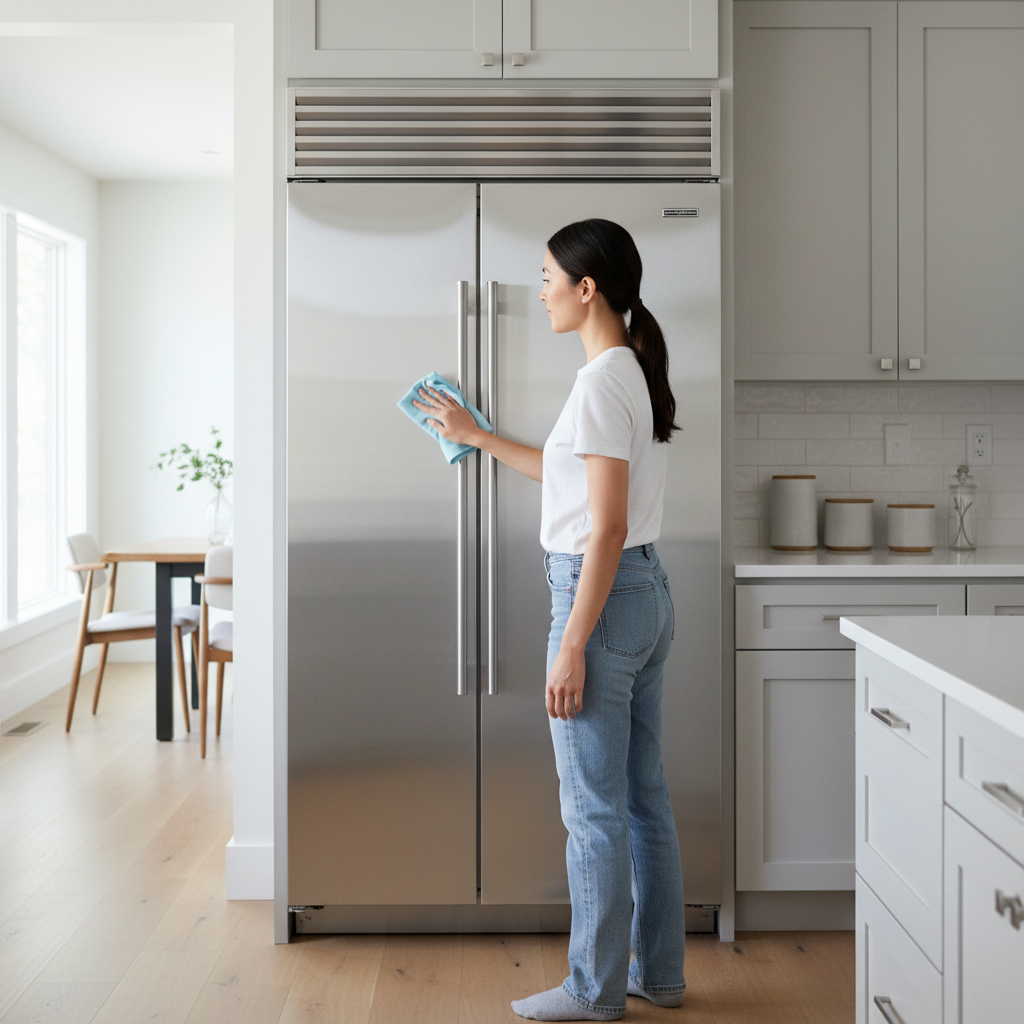 Wiping stainless steel refrigerator with microfiber cloth following the grain