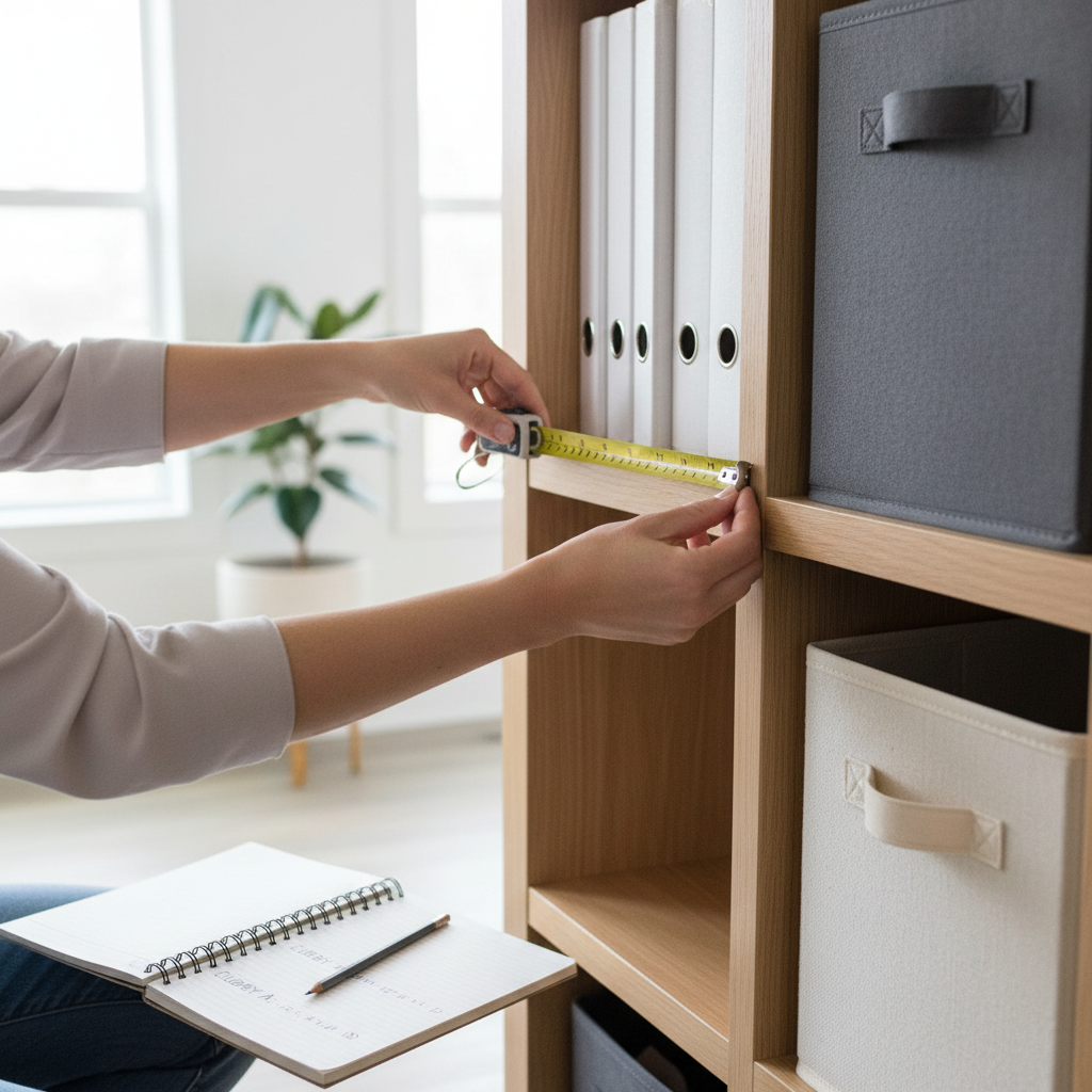 Measuring shelf space for decorative storage boxes with tape measure and notebook