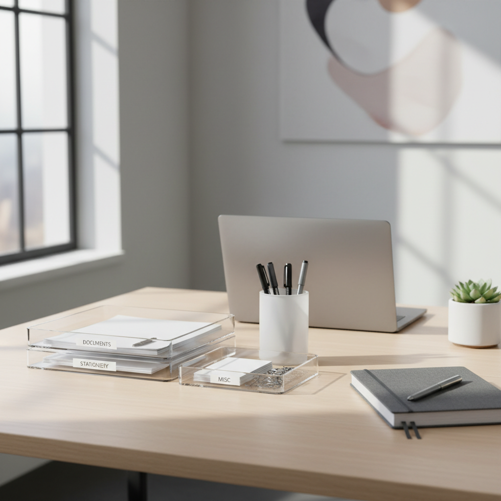 Organized office desk with grouped office supplies in trays and pen cups