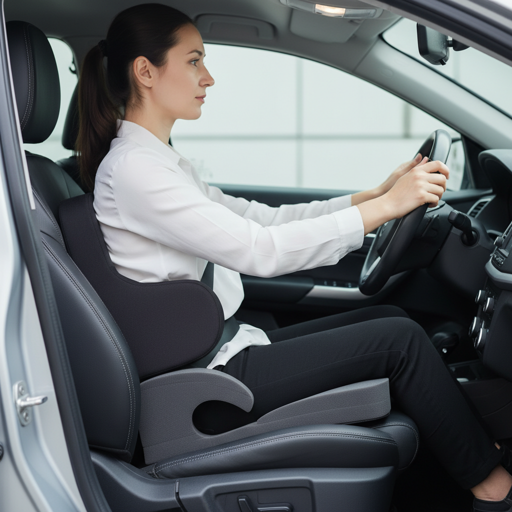 Correct car driving posture with seat cushion and lumbar support for tailbone pain