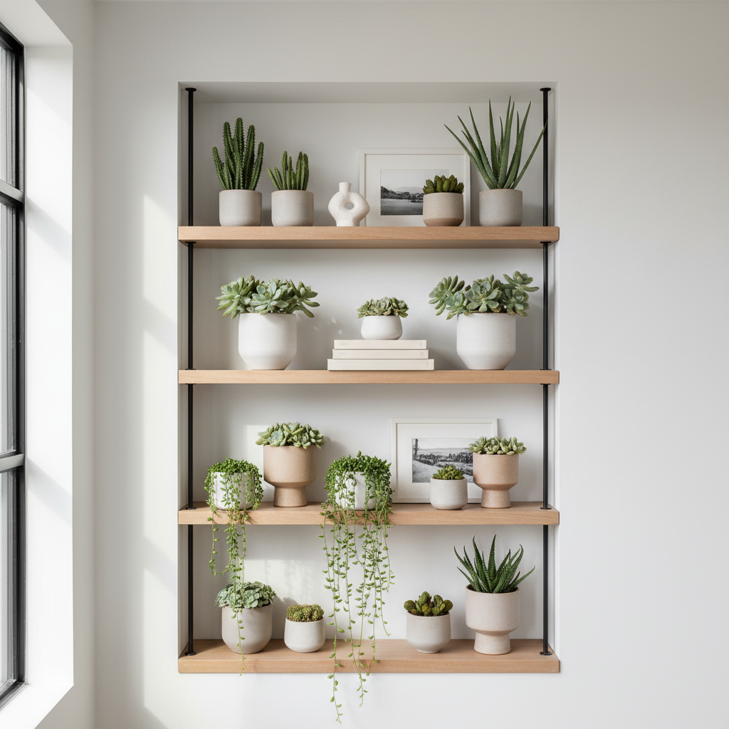 Open shelf decor with succulents arranged by height and color