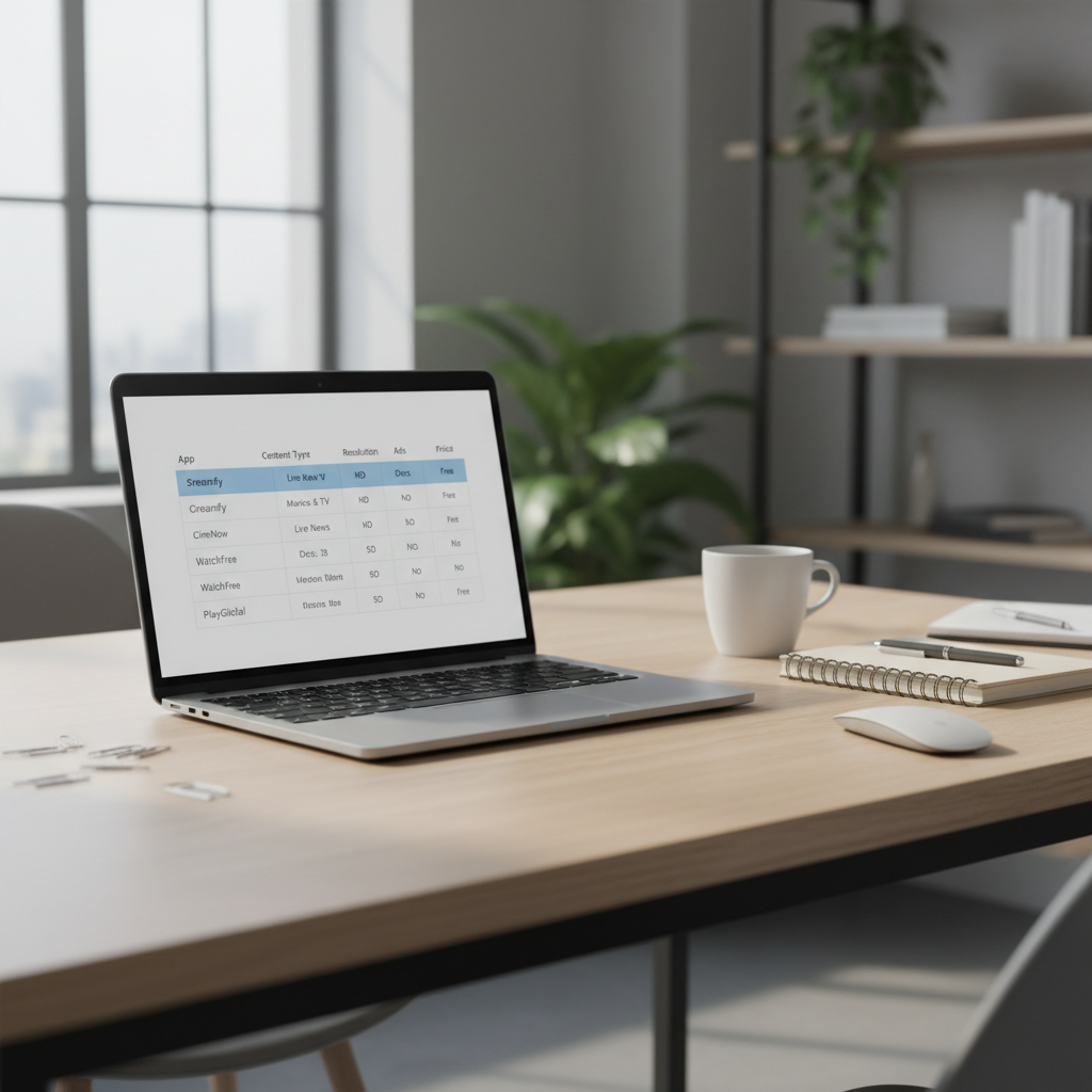 Comparison table concept for free movie streaming apps on a laptop screen