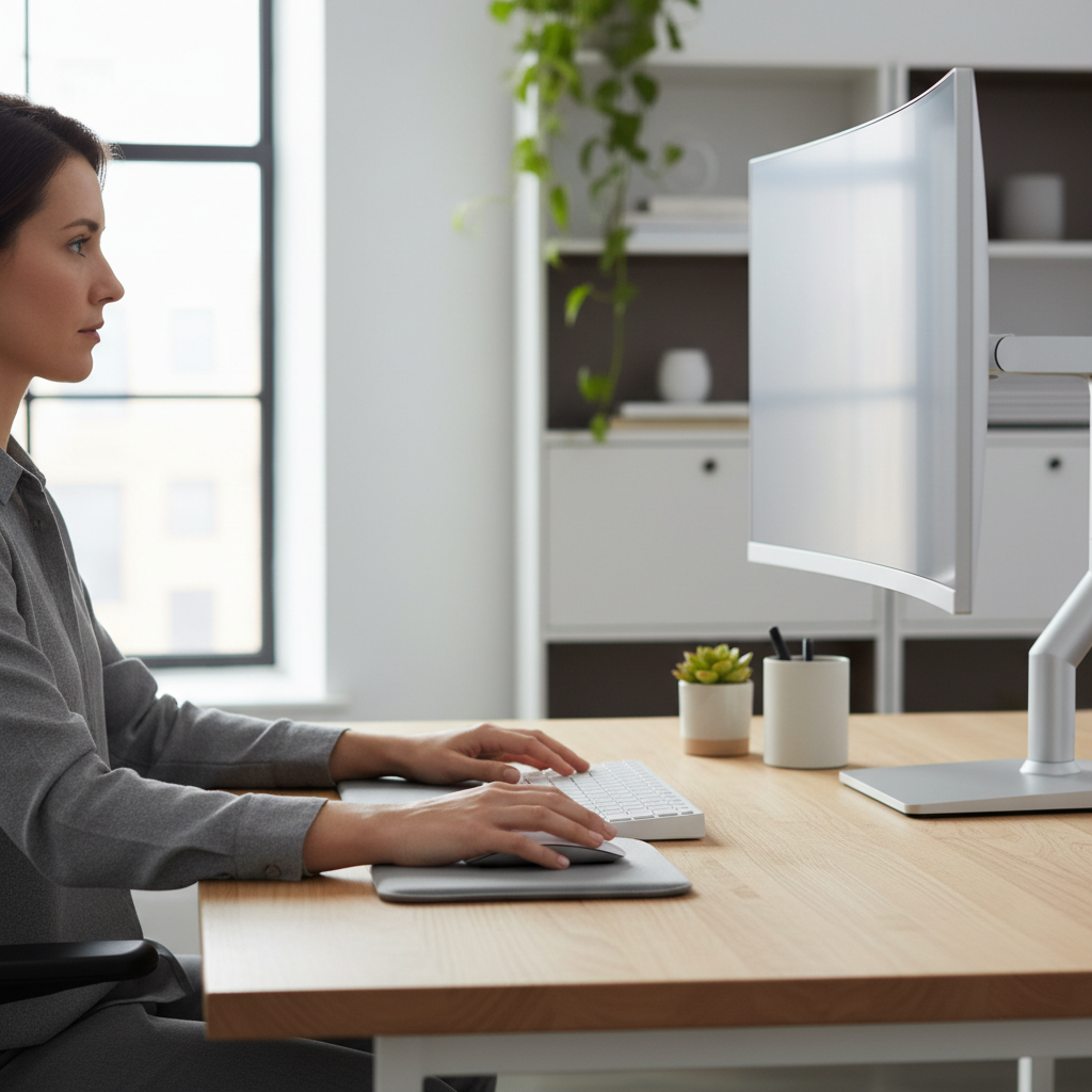 Ergonomic desk setup showing neutral wrist posture with a compact mouse