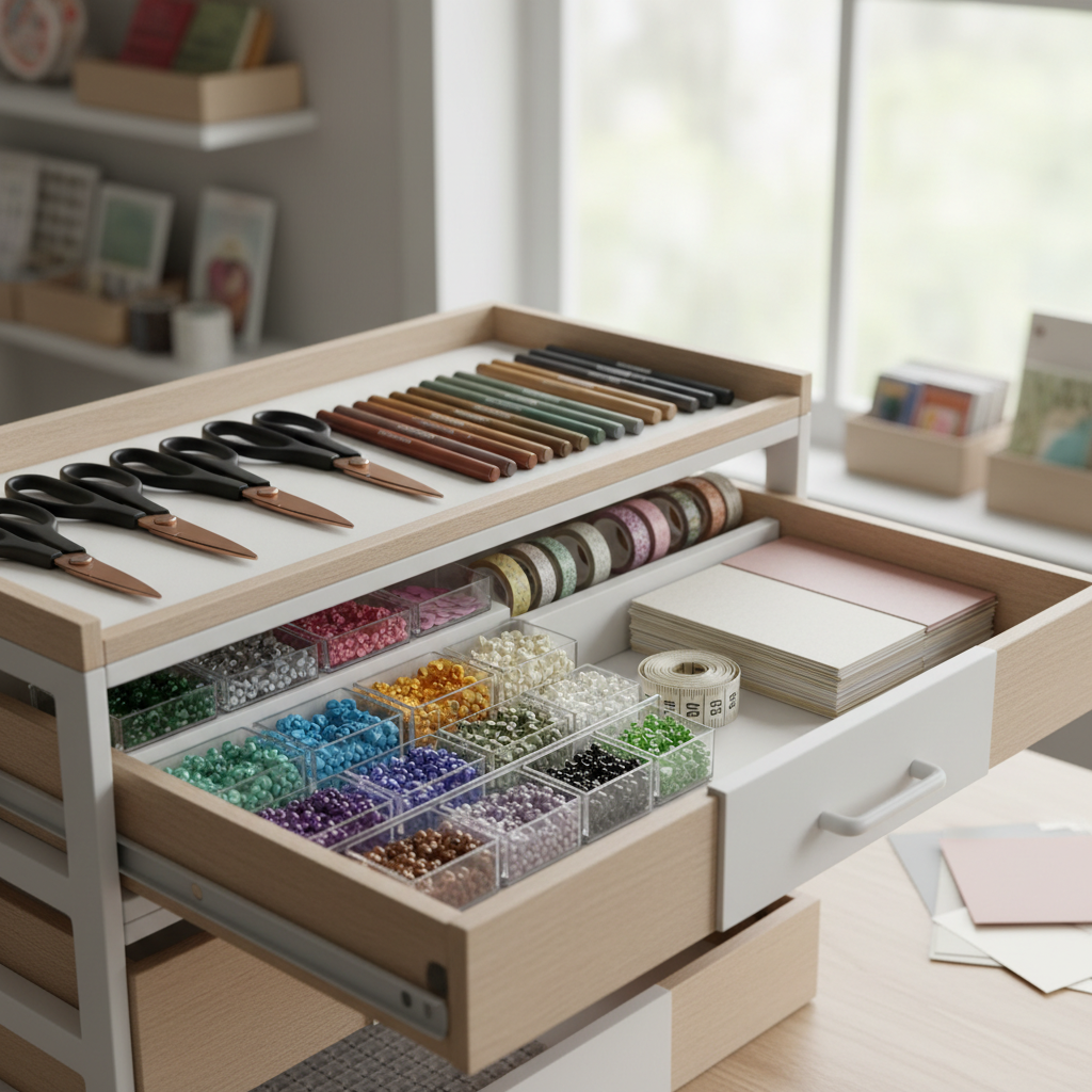Organized craft storage drawers holding tools, paper, and small parts