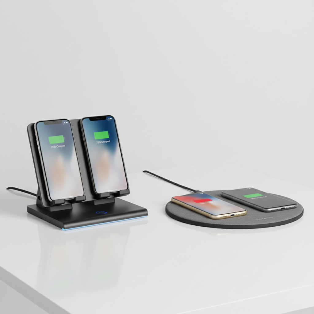 Comparison of wireless charging stand versus flat charging pad for two phones