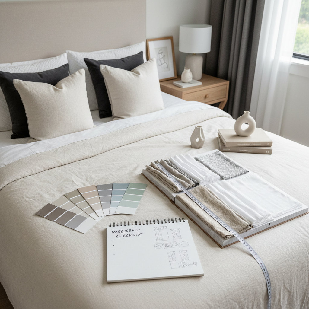 Weekend bedroom makeover checklist setup with paint, curtains, and organized decor planning