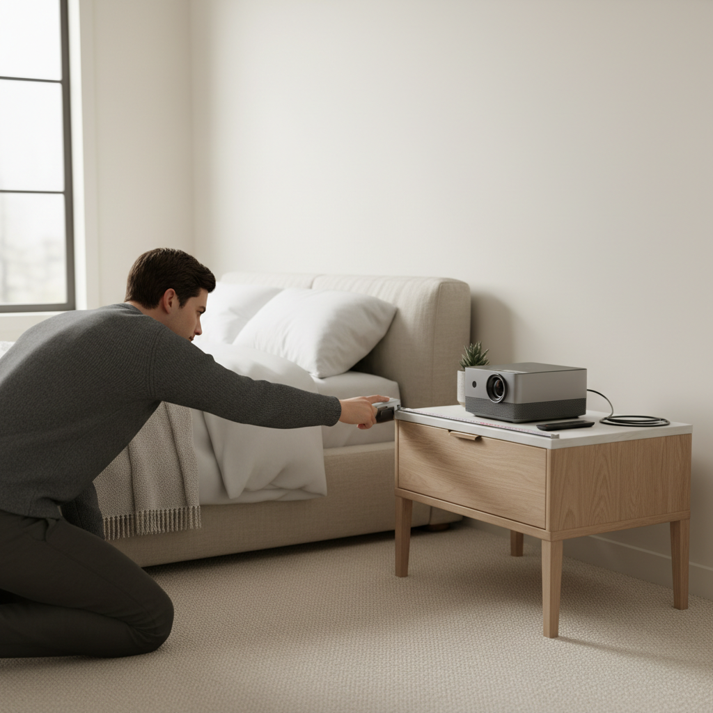 Measuring projector throw distance and wall size for a bedroom movie setup