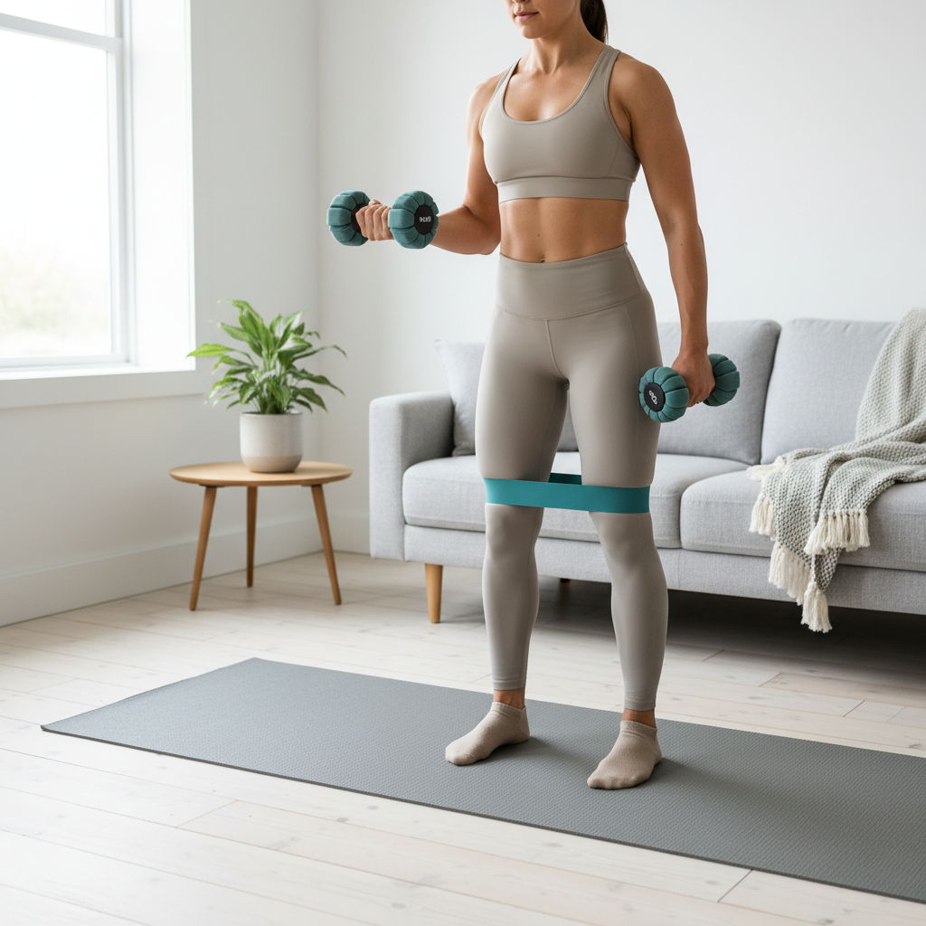 Low-noise apartment workout on a mat using resistance bands and adjustable dumbbells