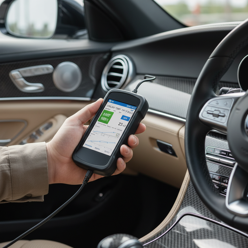 OBD-II scanner showing live coolant temperature data on a car