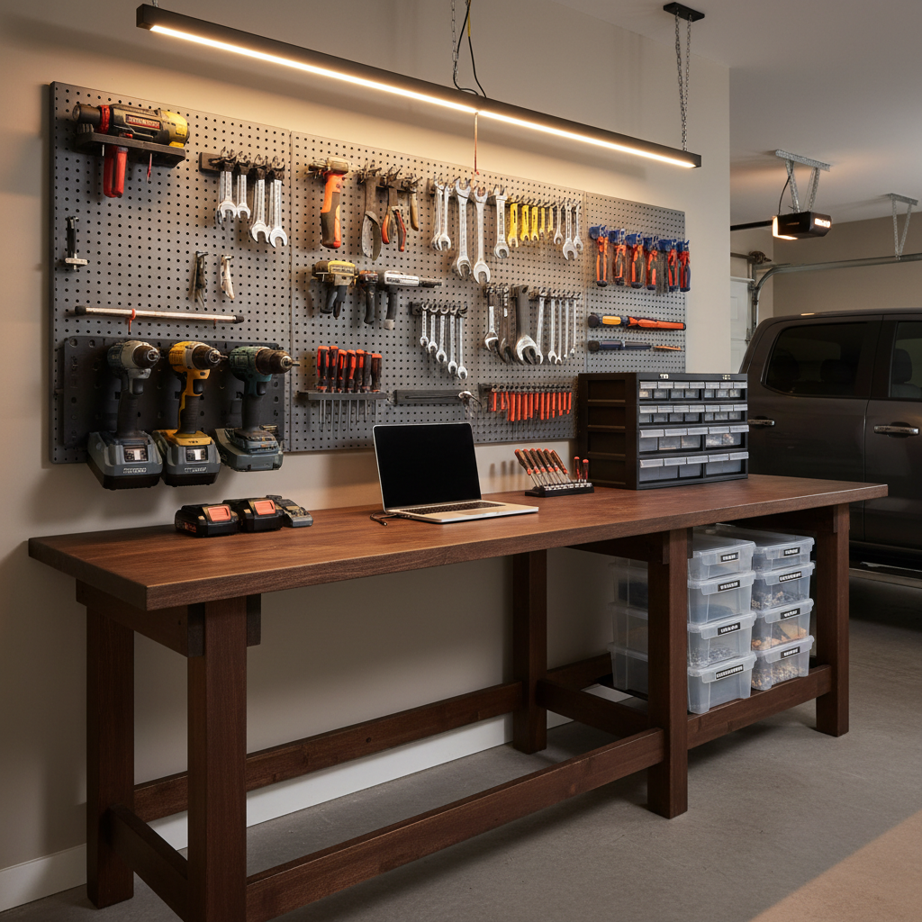 Garage workbench area with wall-mounted tool storage and battery charging station