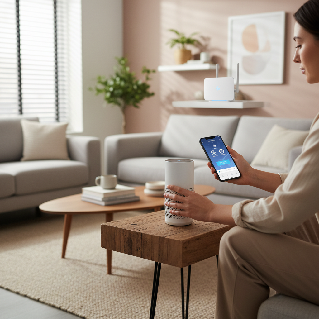 Smart speaker being set up at home with phone app and Wi-Fi router