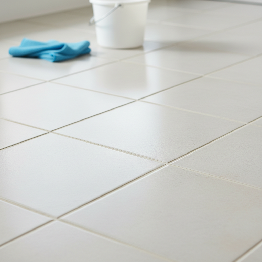 Bright clean grout lines on a tiled floor after rinsing and drying