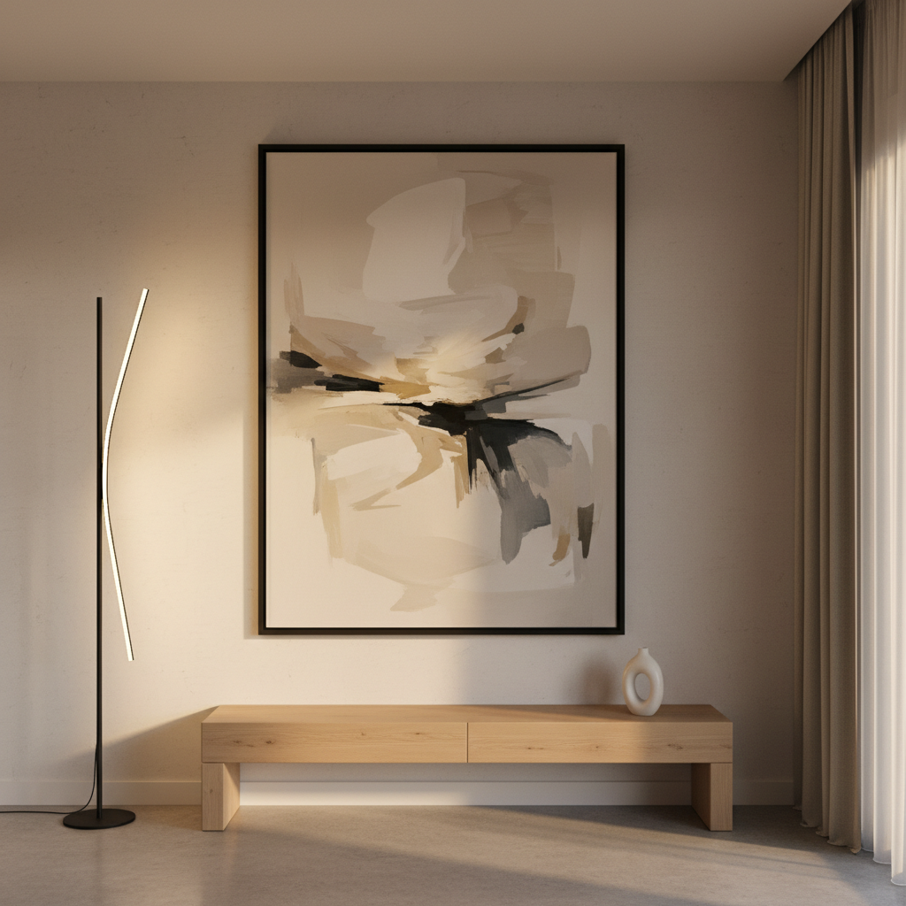 Urban modern gallery wall alternative with one oversized artwork and sculptural floor lamp