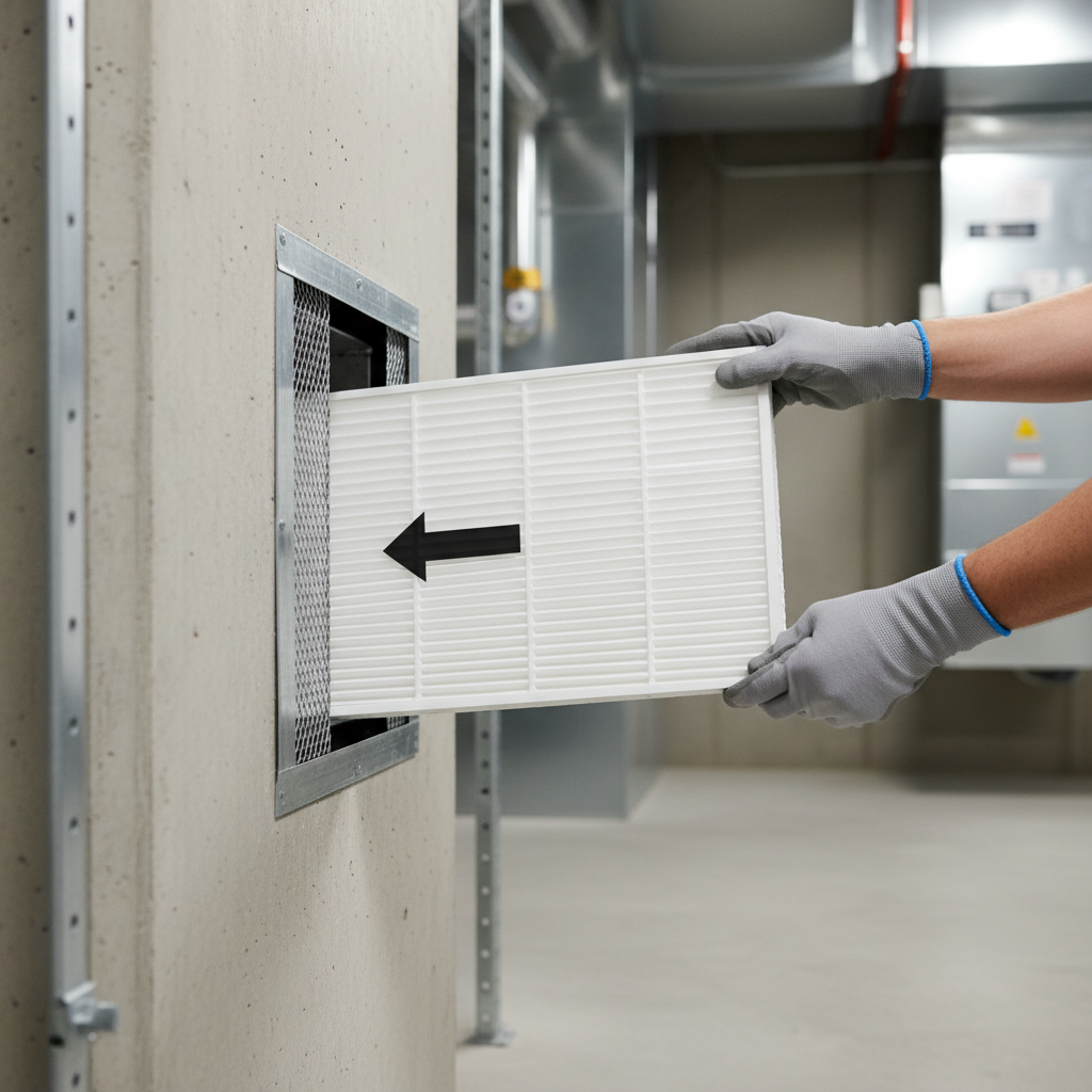 Checking airflow direction arrow and seating on an HVAC air filter before installing