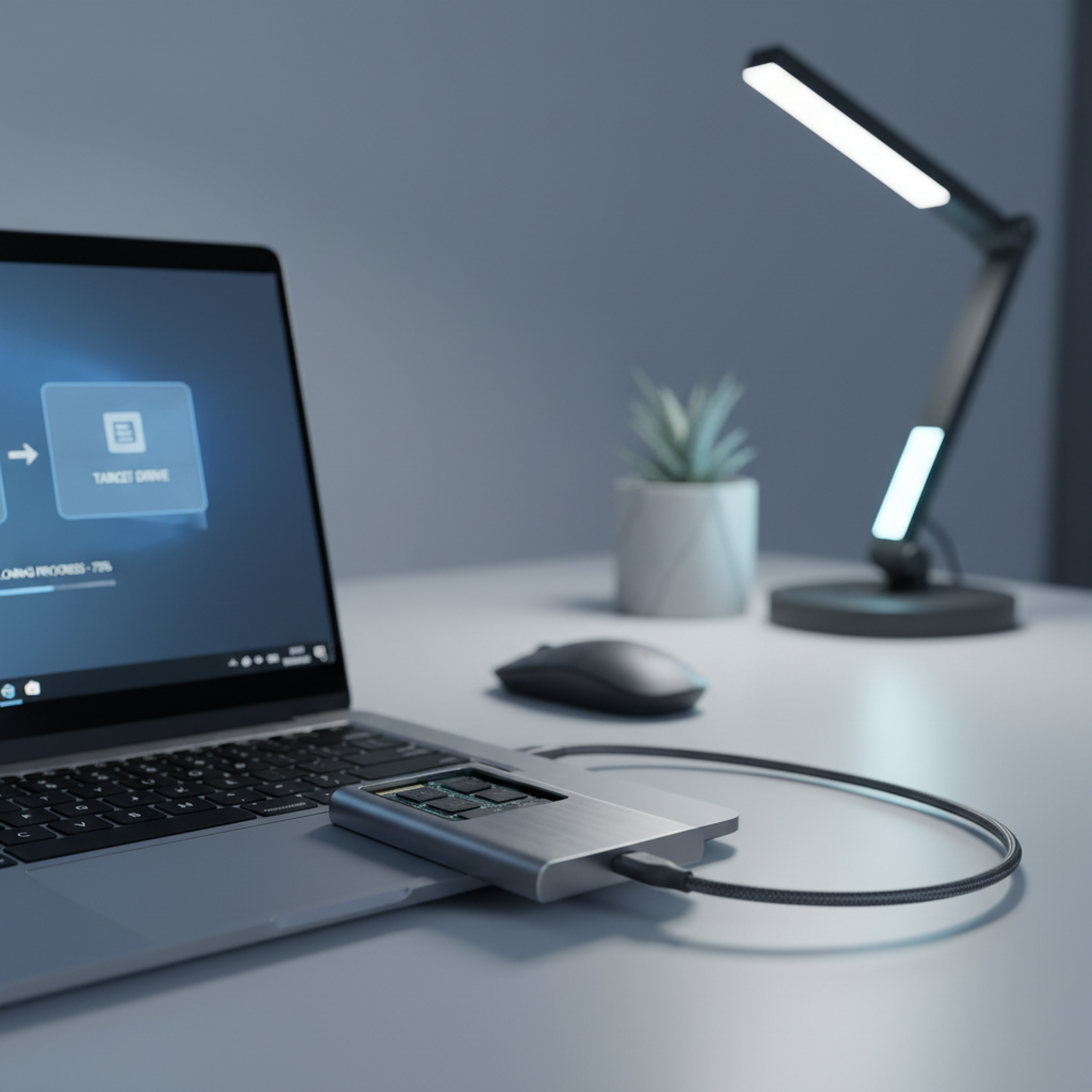 Cloning a laptop SSD using a USB M.2 enclosure and cloning software on screen