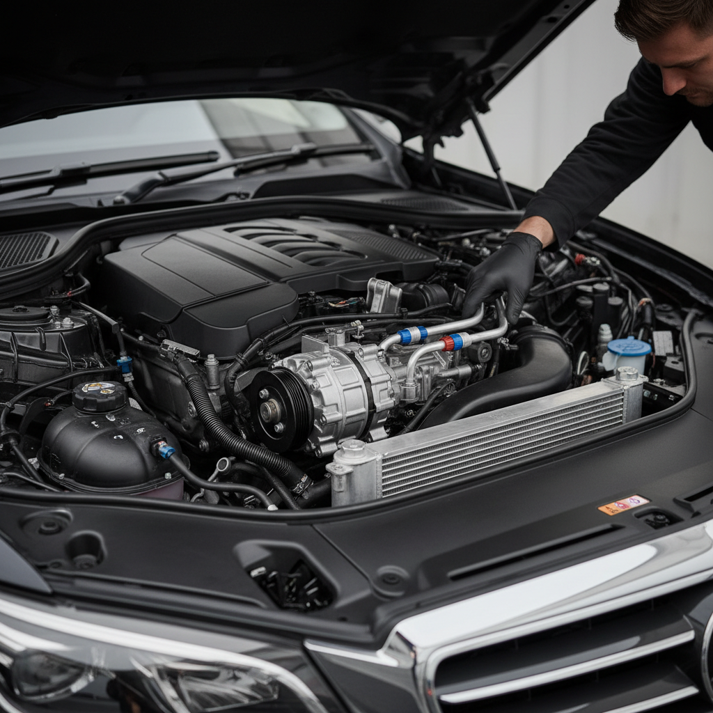 Mechanic inspecting car AC compressor and condenser under the hood