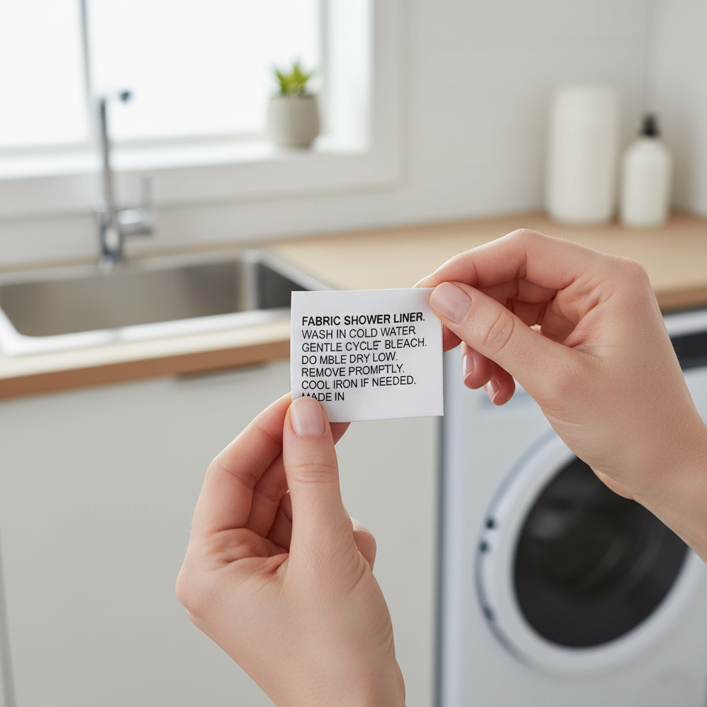 Checking the care label on a fabric shower liner before washing