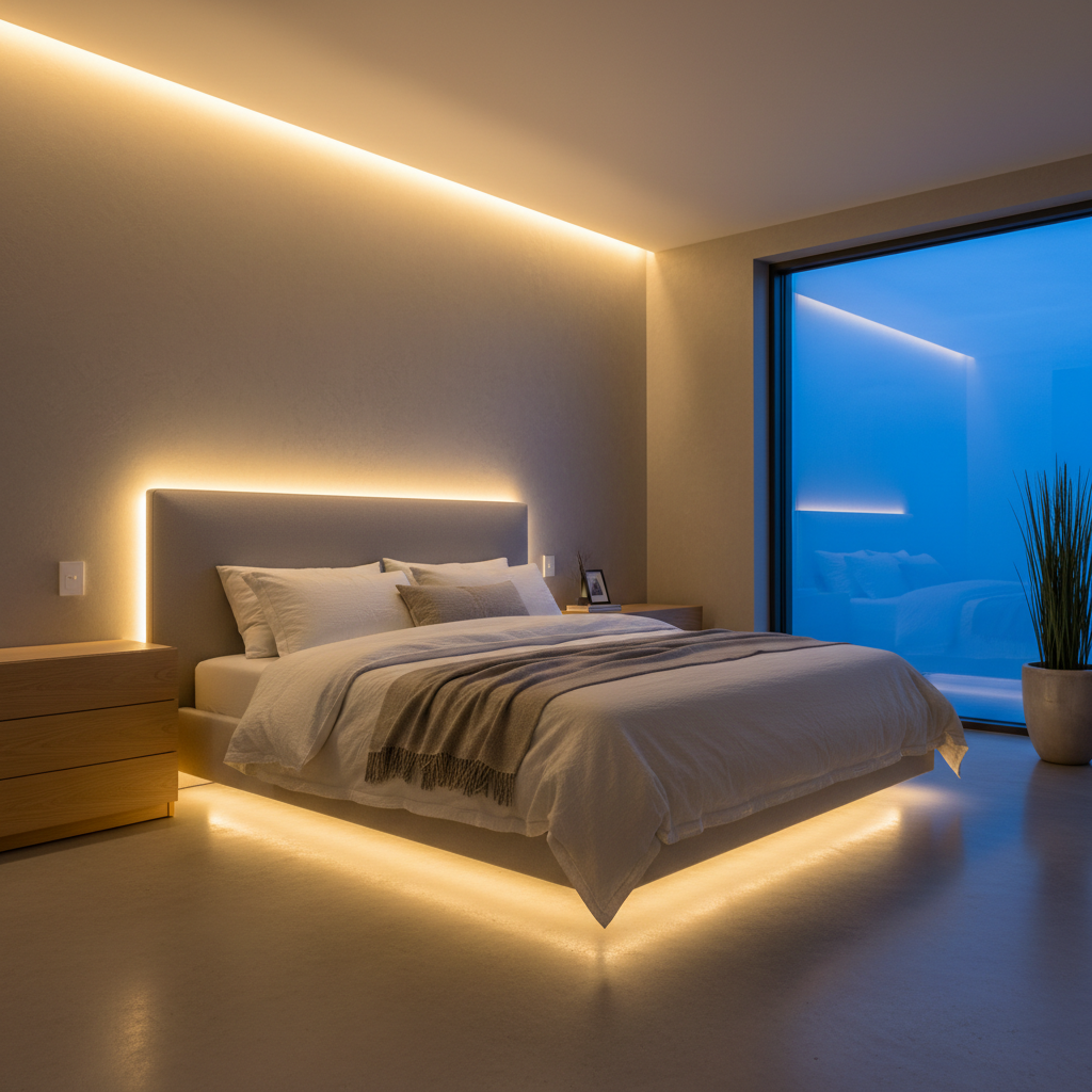 Cozy bedroom ambiance with LED strip lights behind headboard and under bed