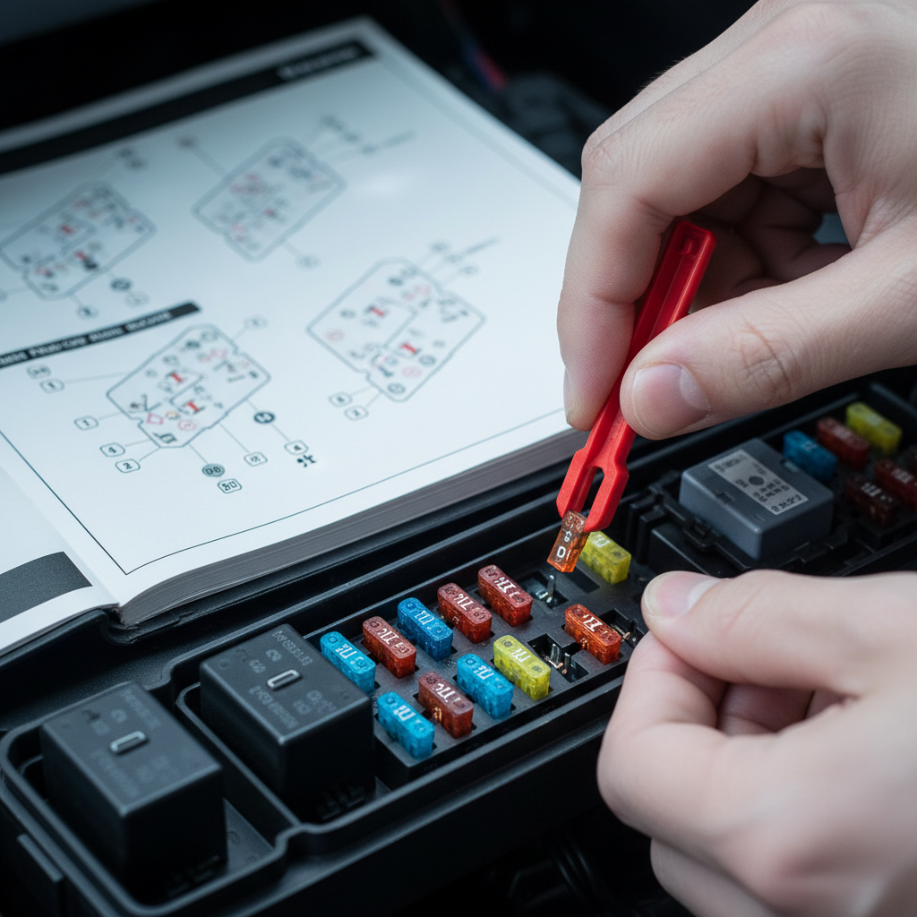 Checking car radio fuse with fuse puller and diagram