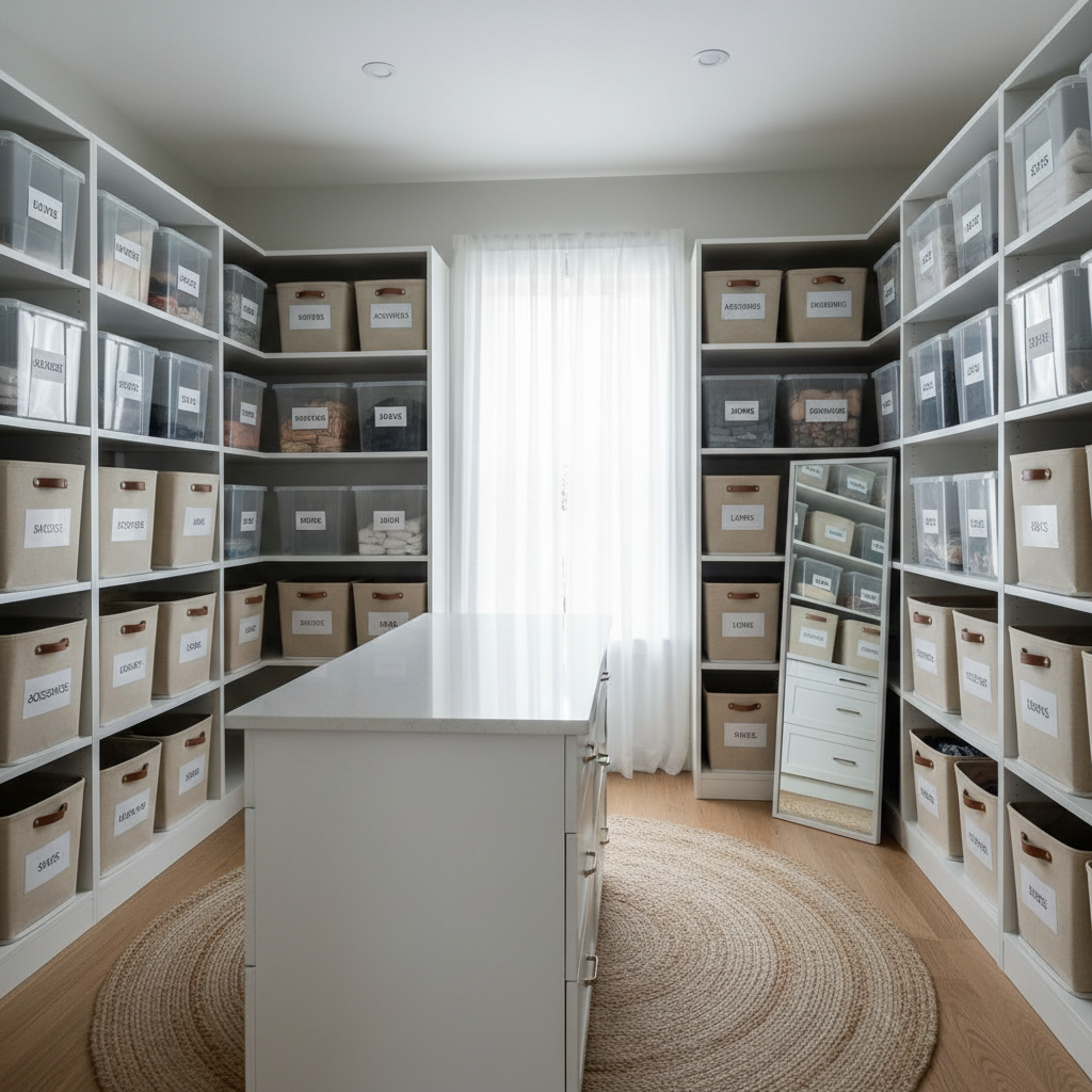 Neatly organized closet shelves with labeled storage bins and clear containers