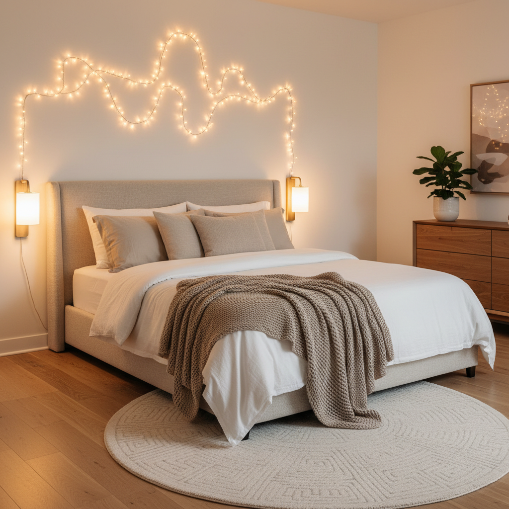 Cozy bedroom wall decorated with warm white string lights behind a bed