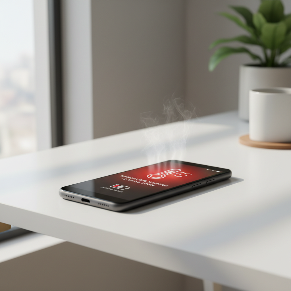 Android phone showing temperature warning while charging on a desk