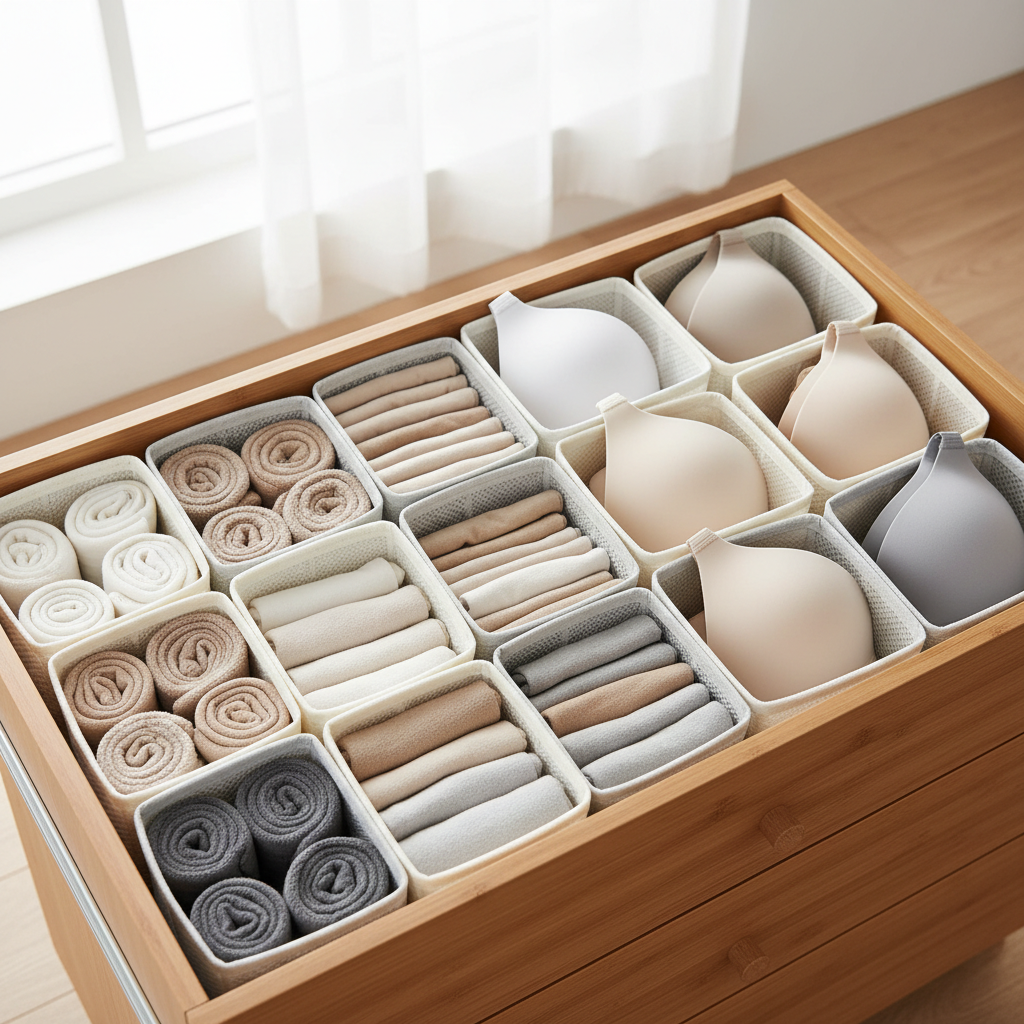 Underwear and socks organized with fabric drawer divider bins