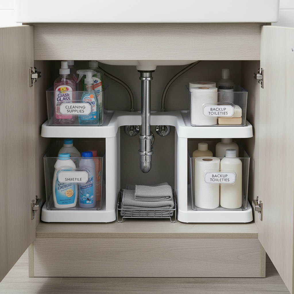 Under-sink organization with U-shaped shelf and labeled pull-out bins in a small bathroom