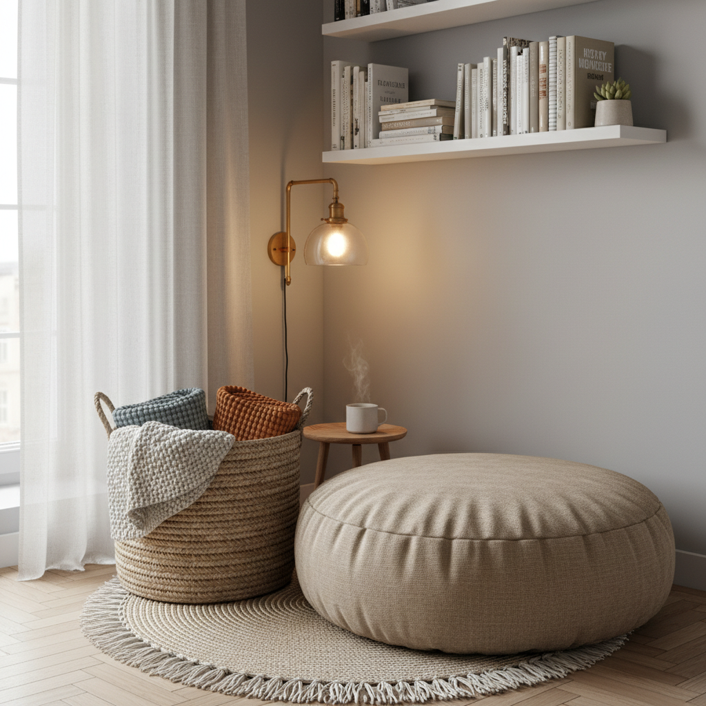 Cozy small apartment reading nook with floor cushion and basket storage