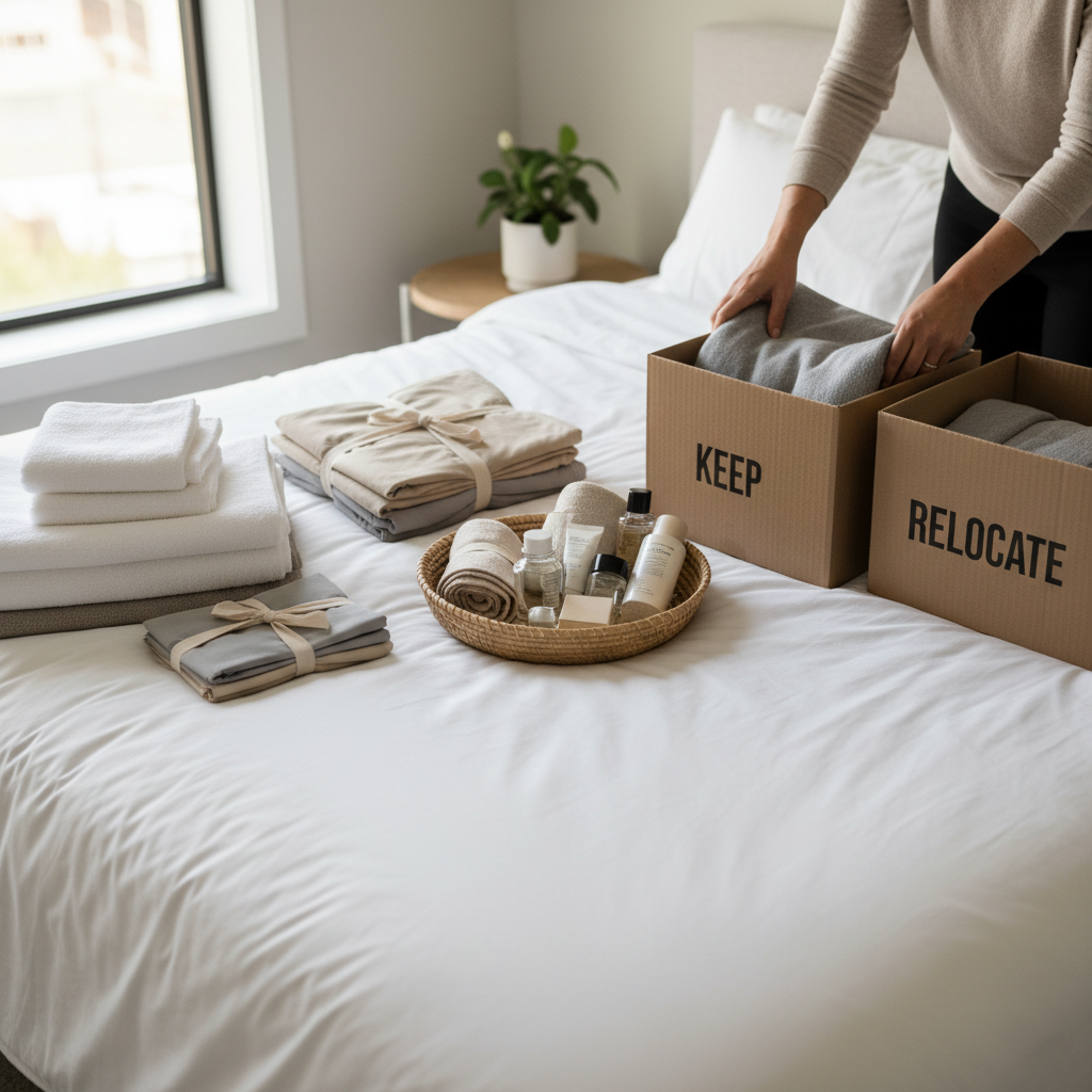 Sorting towels, sheets, and toiletries into keep donate relocate piles