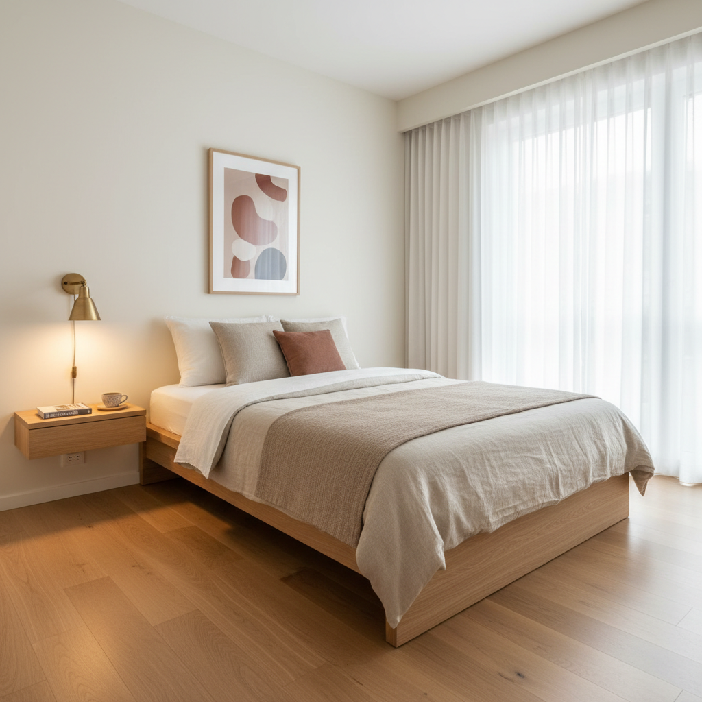 Small minimalist bedroom layout with space-saving nightstand and soft lighting